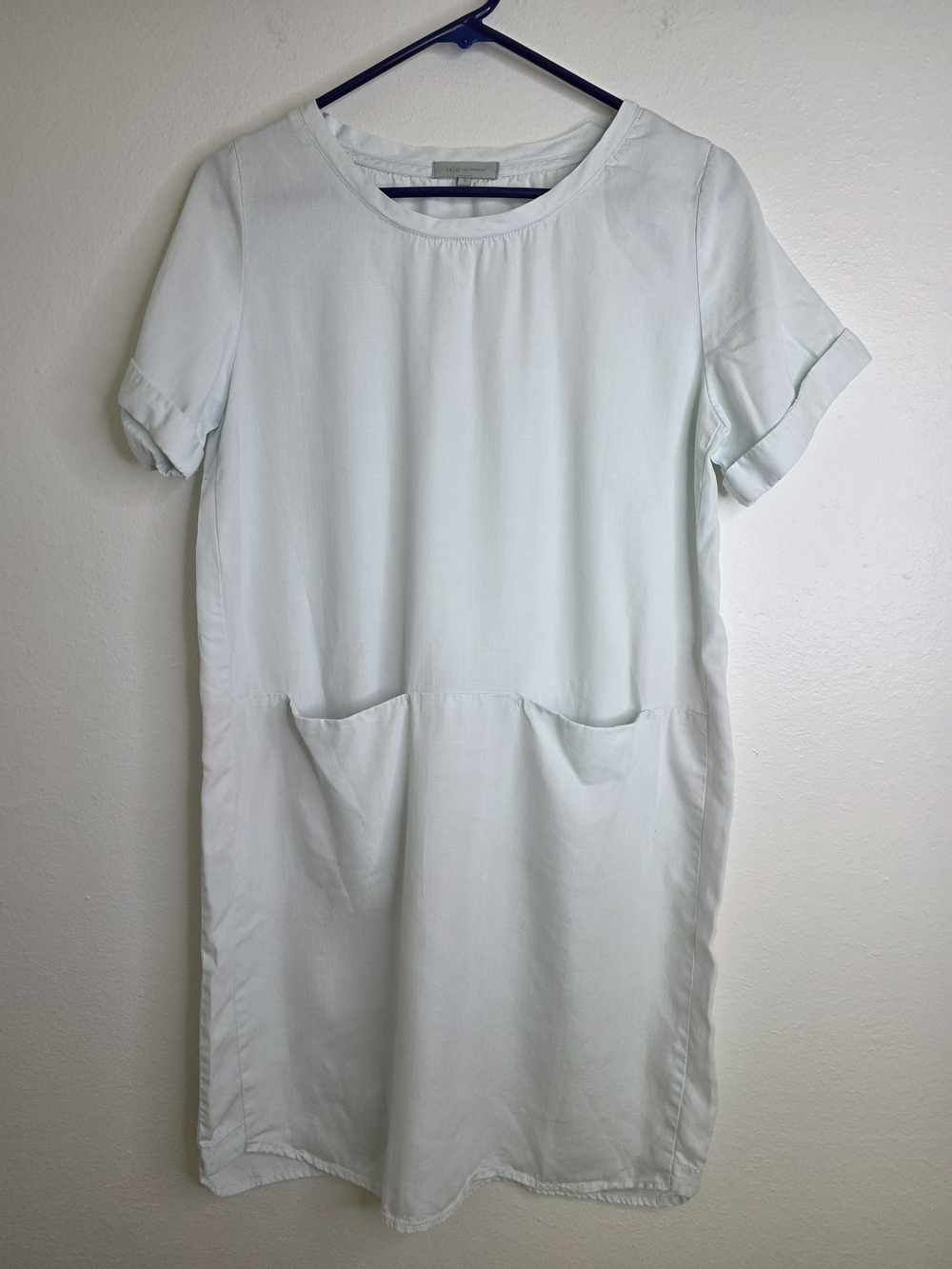 LAJU LA White Icy Blue Tencel Shift Dress Small Coastal Pocket Minimalist Comfy